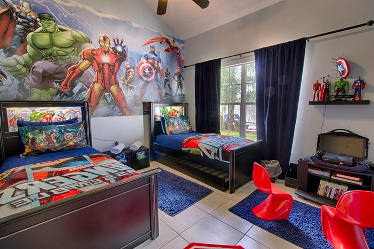 Themed villa only 4 miles to Disney
15 guests, 7 bedrooms, 10 beds, 4.5 baths
$295 per night
Join the squad of Avengers in this superhero-themed room, as they save the world from Thanos and the other villains who look to destroy all of mankind.
