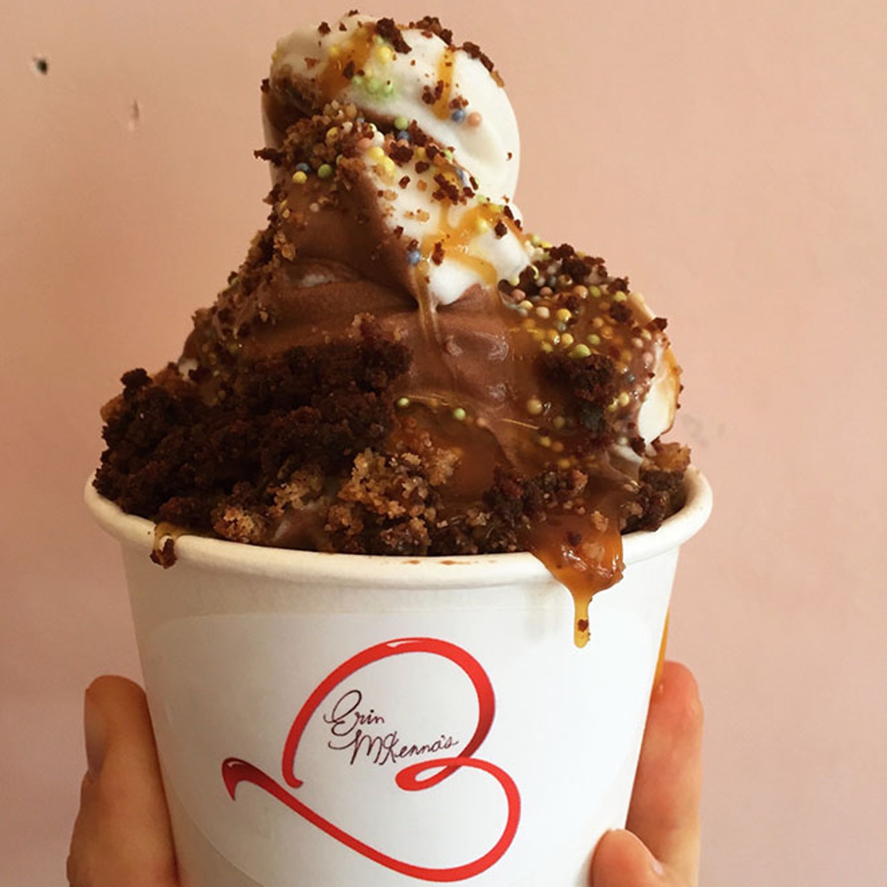 Big Fun Frosty at Erin McKenna's Bakery
1642 E. Buena Vista, 855-462.2292, erinmckennasbakery.com
The BFF is a chocolate-and-vanilla swirl of vegan soft-serve ice cream topped with cookie crumbles, brownie bits, donut crumbs, caramel, chocolate sauce and strawberry sauce &#133; I MEAN.
Photo via erinmckennasbakery.tumblr.com