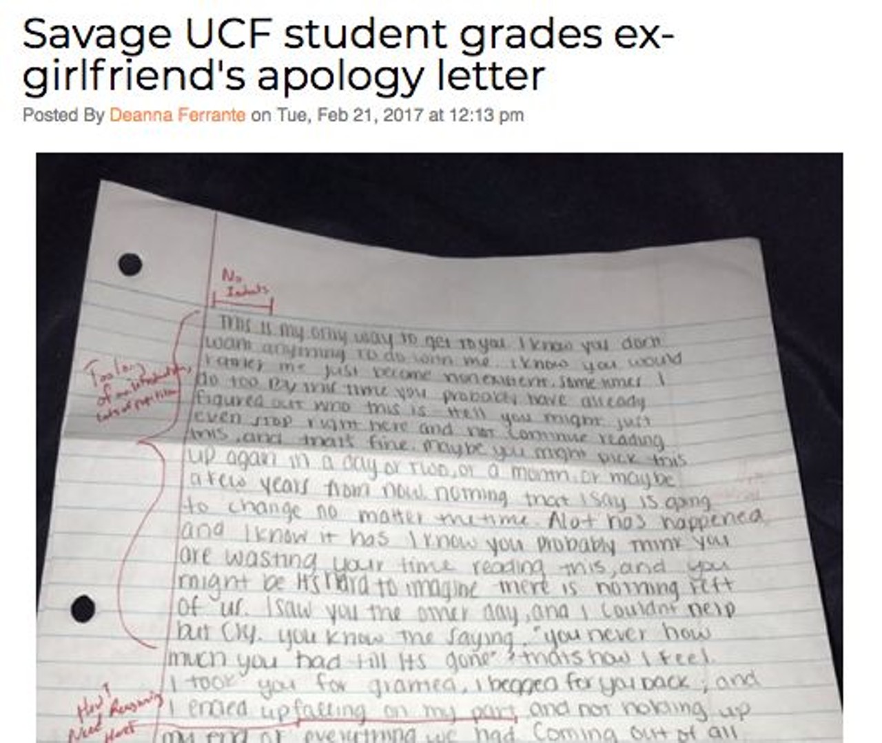 One University of Central Florida student decided to go old school, literally, to get back at his ex-girlfriend. Nick Lutz received an apology letter from his ex-girlfriend, and decided to pick up a red pen and grade her sad words. Read more