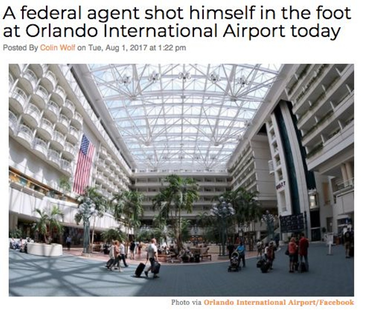 While wearing an American flag T-shirt with the phrase "PROUD" across it, a federal agent in plain clothes dropped his gun and shot himself in the foot in the Orlando International Airport.  Read more