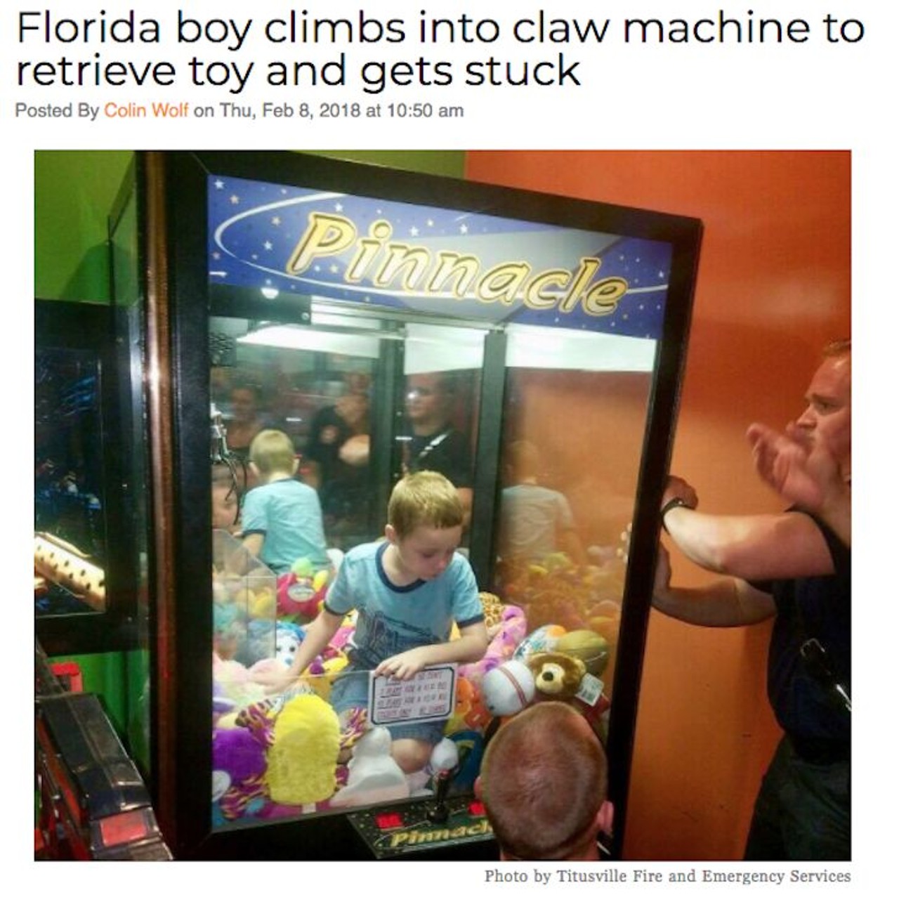 A young man from Florida found himself in a serious jam after deciding to climb into a claw machine to get a stuffed animal. Read more here.