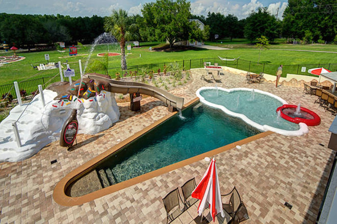 Andrew's Sweet Escape in Clermont has a pool shaped like an ice cream cone. It also has 10 bedrooms, an indoor pool, a mini golf course and its own movie theater. It sleeps 16+ and rents for $1,100 per night.