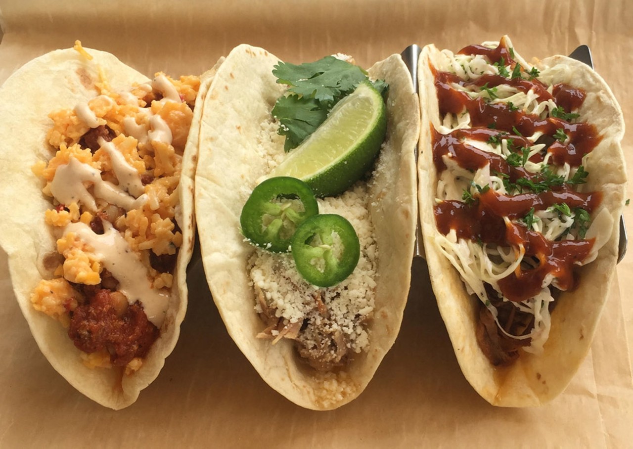 Houndstooth  
160 Independence Lane, Maitland, FL 32751, 321-972-9925
Mix & Match Any Two Tacos:
Mojo Pork Taco- Mojo pulled pork, cotija cheese, cilantro, onions, fresh jalapeno.
BBQ Brisket Taco- Beef brisket, slaw, our red BBQ sauce
Sloppy Mo: Turkey chili, pimento cheese, white BBQ sauce.
Photo via dafoodie/Instagram