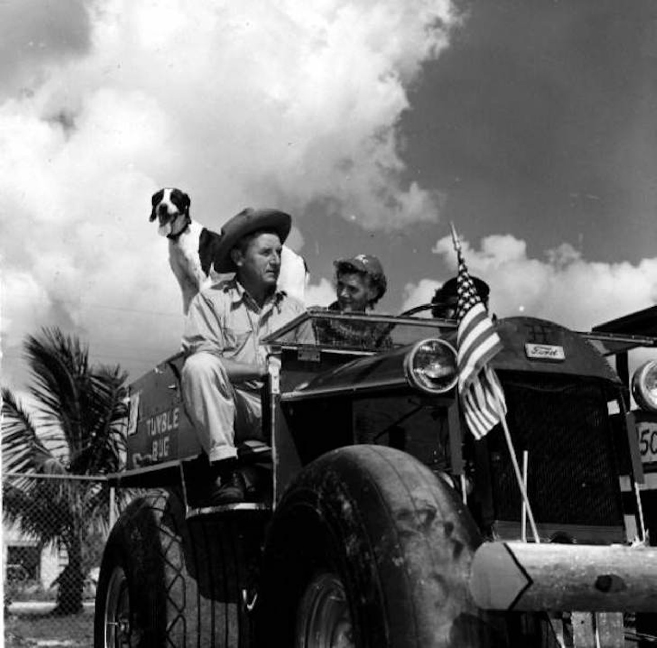 Eddie Frank at Naples' swamp buggy races in Naples, Florida, photographed on Oct. 28, 1950. Eddie Frank's "Tumber Bug" won second place in Naples' Swamp Buggy Day parade.