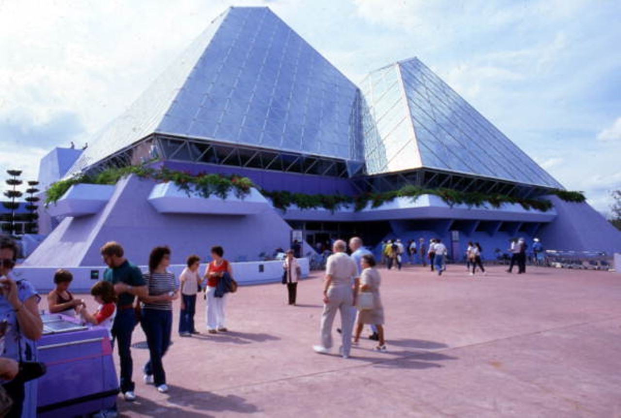 View showing the pyramids at the Imagination! Pavilion in EPCOT Center at the Walt Disney World Resort in Orlando, Florida, 1982
