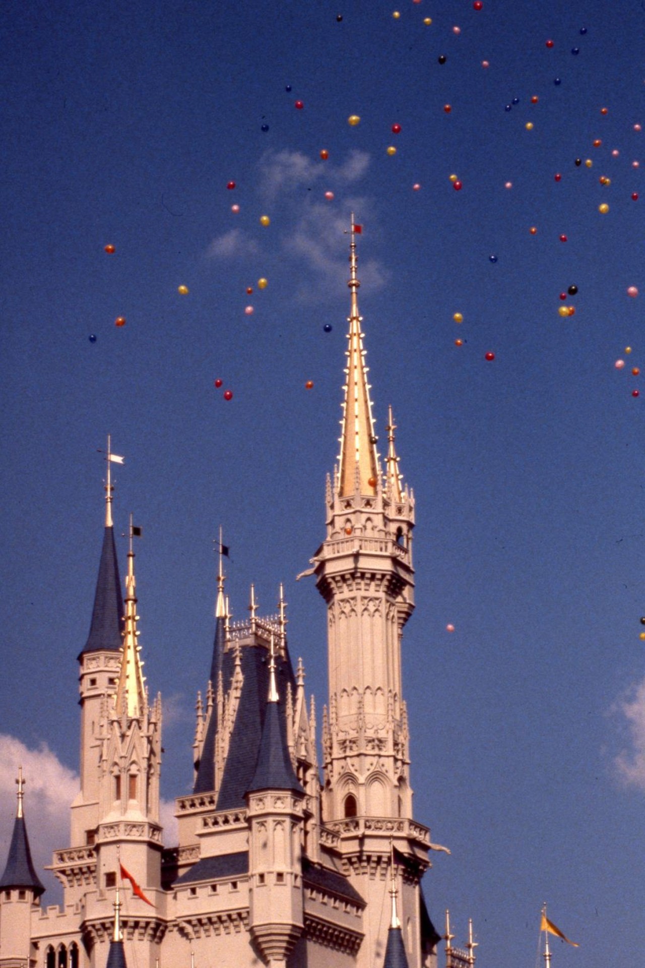 Balloons flying high above Cinderella's castle - Walt Disney World, Florida, 1981