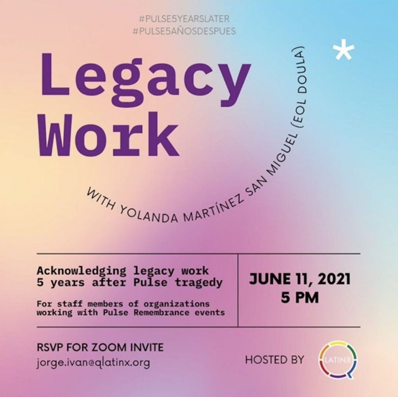 Legacy Work: 5 Year Journey After Pulse Tragedy 
June 11 5:00 p.m. to 7:00 p.m. Virtual Event 
An event intended for staff members of organizations that have supported survivors and community members affected by the Pulse tragedy. This night is to acknowledge the initiatives and work that help the Orlando community.
Photo via QLatinx