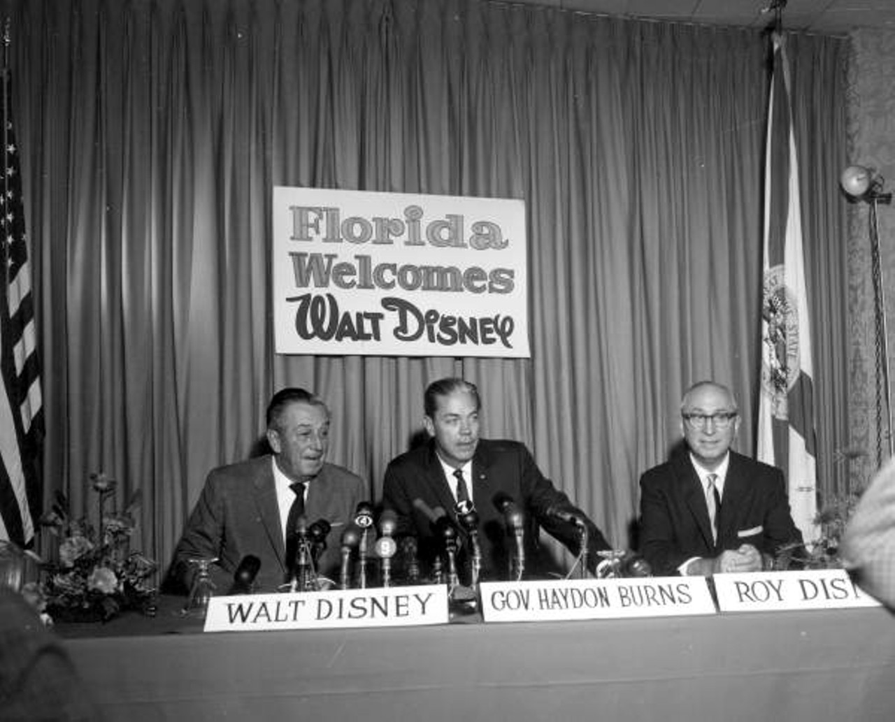 Walt Disney, Governor Burns, and Roy Disney at a press conference in Orlando (1965).