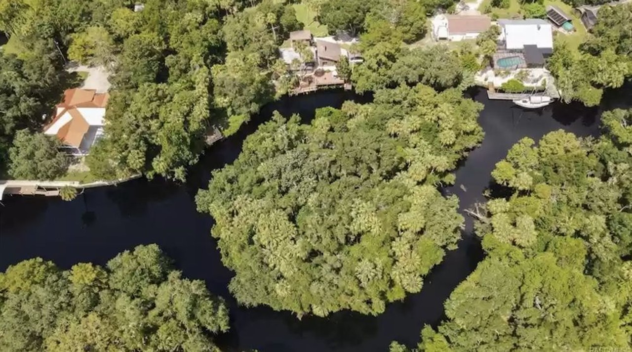This riverfront Florida home comes with a guesthouse with a tree inside and a private island