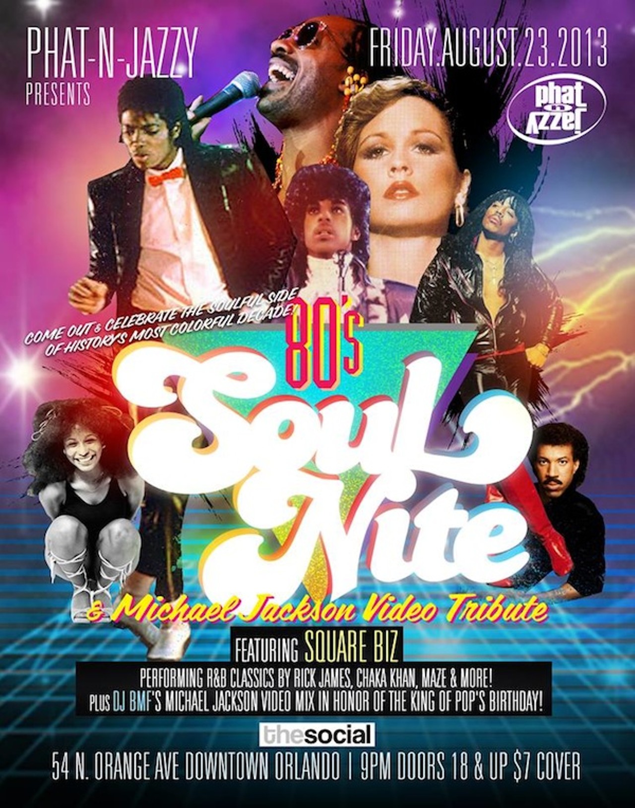 Phat-N-Jazzy Presents '80s Soul Night and Michael Jackson Video Tribute
Friday, Aug. 23
9 p.m.
The Social, 54 N. Orange Ave.
407-246-1419
thesocial.org
$7
It might be the king of pop&#146;s birthday they&#146;re celebrating but the party&#146;s all for you, Orlando. Phat-N-Jazzy presents a special &#146;80s soul night featuring live music from Square Biz, which brings together members of the Gerry Williams Band and the Legendary JCs to cover classic R&B, from Prince to Chaka Khan to Teena Marie, as if the summer weren&#146;t hot enough already, dang. DJ BMF will also be there doing his Michael Jackson video mix in tribute to the birthday boy. On the Facebook event page, they request that people turn up in their vintage gear; we&#146;d like to plead with you to take that request as seriously as you took those styles back in the day. This sounds like a retro party done right, so if you&#146;ve been waiting around for someone to tell you something good, listen up, &#146;cuz ain&#146;t nobody loves you better than P-N-J. &#150; Ashley Belanger