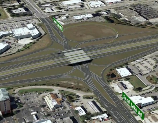 Sand Lake Road's diverging diamond interchange - Image via FDOT