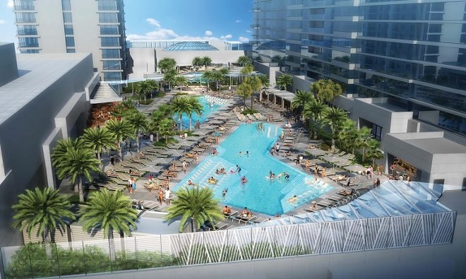 The new pool deck currently under construction at the Seminole Hard Rock Tampa. The current hotel tower can be seen in the upper left corner of the rendering with the new tower on the right side. - Image via Seminole Hard Rock Tampa