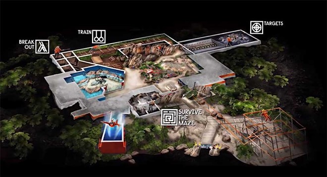 A map of the four 'basecamp' activities at the Bear Grylls Adventure - Image via Bear Grylls Adventure | YouTube
