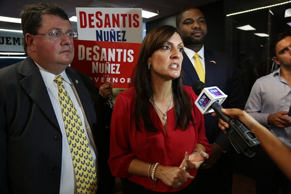 State Rep. Jeanette Nuñez speaks with reporters after a Ron DeSantis rally on Saturday. - Photo by Joey Roulette