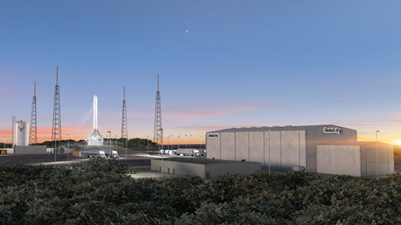 A rendering shows Relativity's planned Cape Canaveral facilities with Terran-1 vertical on Launch Complex 16. - Render courtesy of Relativity Space