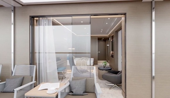 Looking into the Terrace Suite from its private terrace. - Image via Ritz-Carlton Yacht Collection