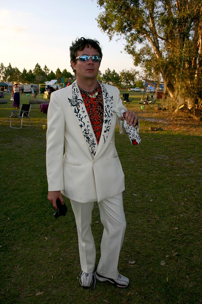 Steele in a hand-painted suit at Keith “Scramble” Campbell’s wedding - Photo via Jef Shelby
