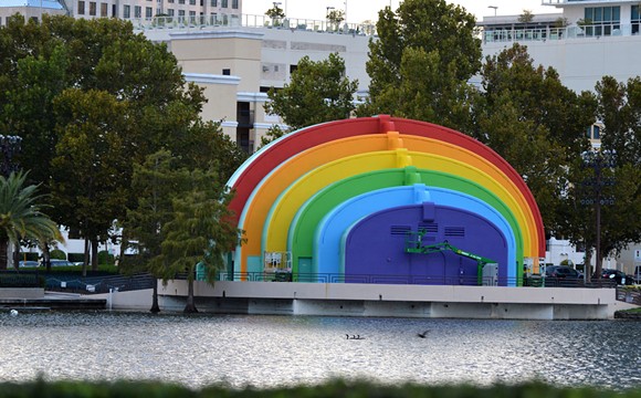 Lake Eola Bandshell painted with rainbow theme in honor of Pulse victims
