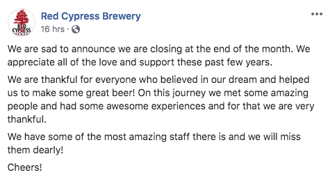 Winter Springs' Red Cypress Brewery to cease operations at the end of the month
