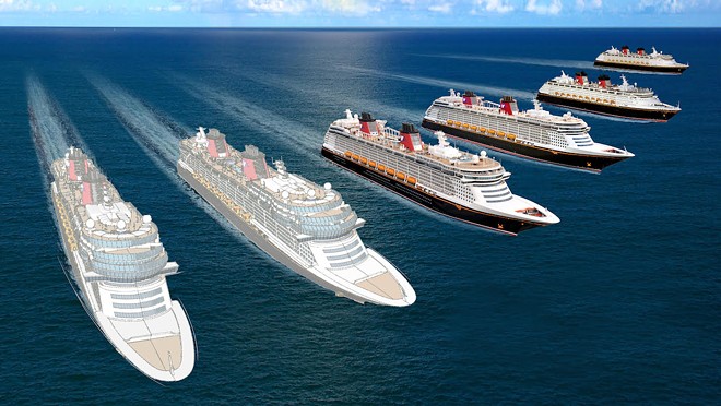 Disney Cruise Line's four current ships along with two of the three new ships that are now in the works - Image via Disney Parks Blog