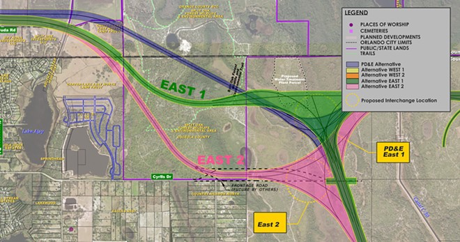 Alternative plans East 1 and East 2 both have highways bisecting Split Oak - Map via Orange County
