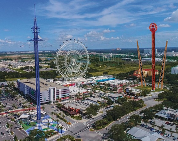 An artist rendering of the proposed new attractions at ICON Park. The slingshot and drop tower can be seen on the right side of the rendering - Image via ICON Park Orlando | Facebook