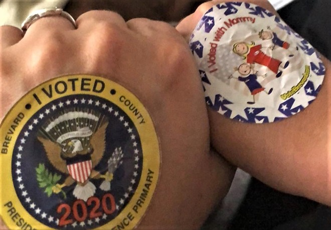 Adult and kid stickers for voting in Brevard County's 2020 Presidential Preference Primaries. - Photo by Lillian M. Hernández Caraballo