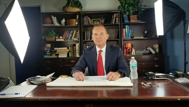 Jacksonville Mayor Lenny Curry prepares for an April 17 interview with Neil Cavuto on Fox Business - Screenshot via City of Jacksonville/YouTube