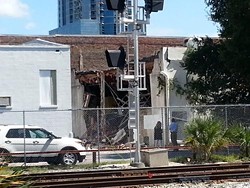 A photo of the building after today's explosion shows that the side of the building was torn open. Photo by Dave Plotkin.