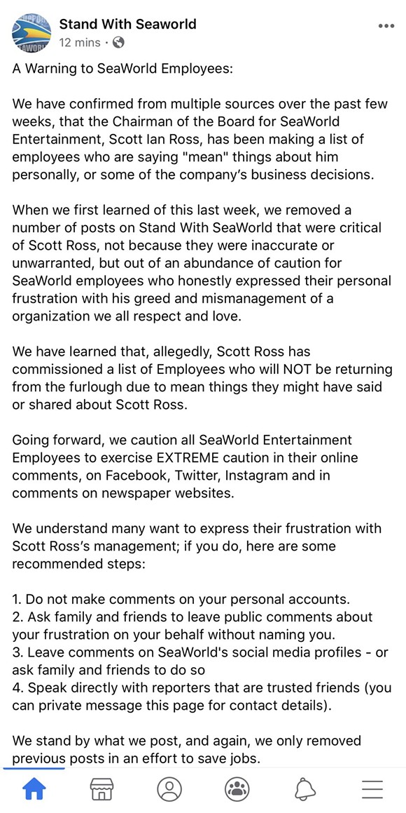 The contents of the Facebook post by Stand With SeaWorld - Image via Stand With SeaWorld | Facebook