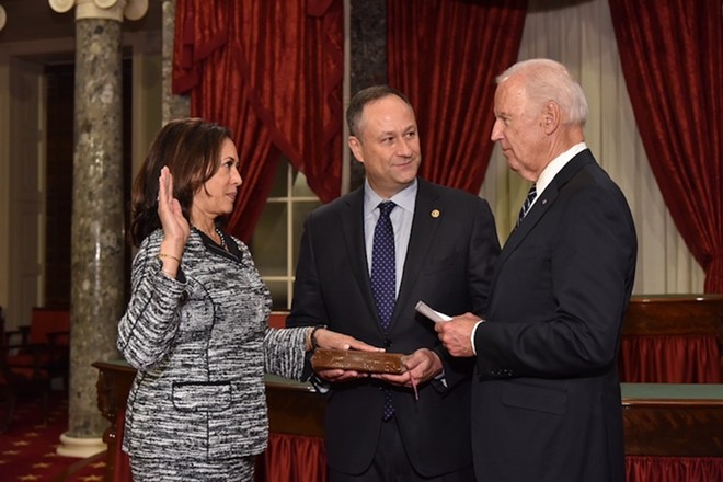 Then-Vice President Joe Biden administers the oath of office to U.S. Sen. Kamala Harris on January 3, 2017. - PHOTO VIA UNITED STATES SENATE/WIKIMEDIA COMMONS