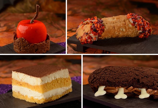 Poison Candied Apple (Top left), Pumpkin Cheesecake Cannoli (Top right), Pumpkin Tiramisu (Bottom left), - Box of Bones Chocolate Éclair (Bottom right) - Image via Disney