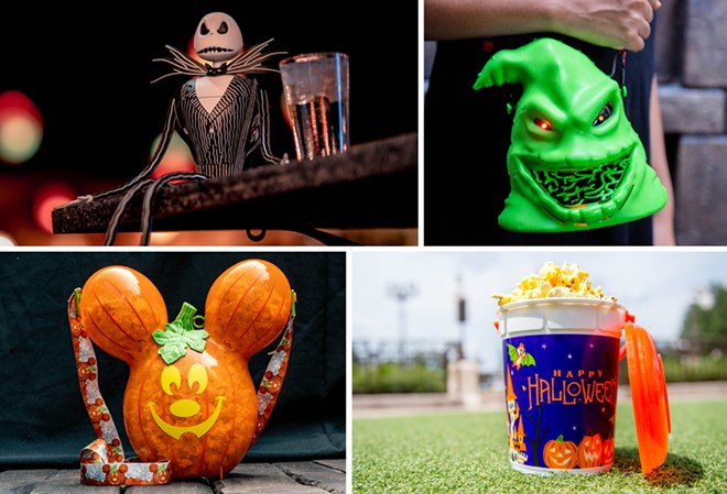 Jack Skellington Sipper (Top left), Oogie Boogie Premium Popcorn Bucket (Top right), Mickey Pumpkin Premium Popcorn Bucket (Bottom left), Halloween Base Popcorn Bucket (Bottom right) - Image via Disney