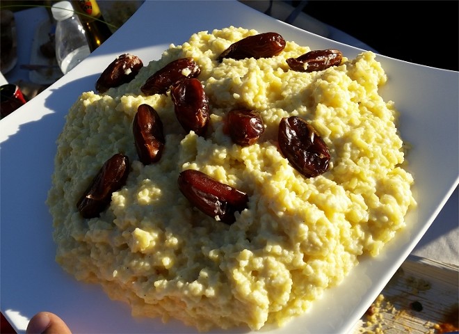 Saffron rice pudding, rose water, dates (Iran)