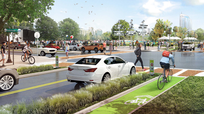 Some proposals for Future Orlando include bicycles with their own green pathways on which to ride, divided from both traffic and pedestrians. - IMAGE VIA CITY OF ORLANDO & COMMUNITY REDEVELOPMENT AGENCY