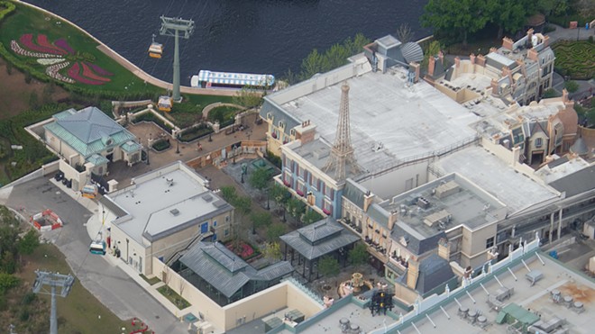 A view of the France pavilion expansion. The Ratatouille ride is on the bottom right, the new creperie in the center, and new restrooms on the lower left. - Image via Bioreconstruct | Twitter