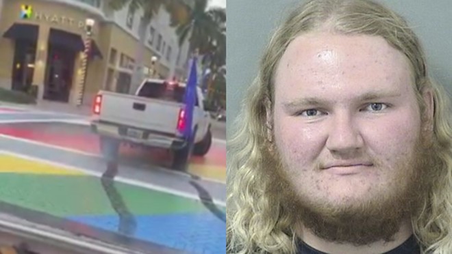 A Donald Trump supporter used his truck to deface a Florida crosswalk painted to celebrate Pride Month. - SCREENSHOT VIA FACEBOOK/JIM KOVALSKY; MUGSHOT VIA PALM BEACH COUNTY SHERIFF'S OFFICE