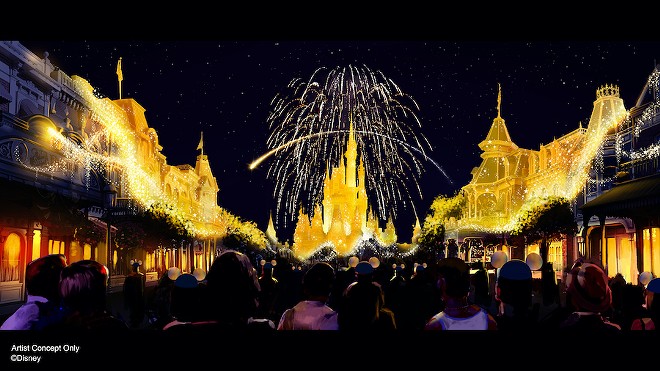 An artist rendering of a new fireworks show to celebrate Walt Disney World's 50th anniversary. - DISNEY