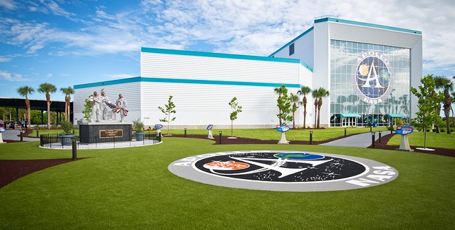 The Moon Tree Garden at the Apollo/Saturn V Center was unveiled in 2019. The Apollo 11 statue can be seen in the center-left. - Image via Kennedy Space Center Visitor Complex