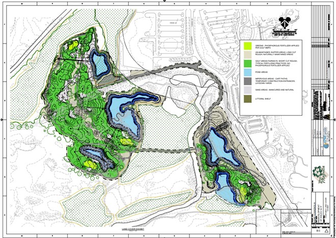 The reworked 14-17 holes of the Magnolia course can be seen on the left side of the image with the Right-of-Way for the future World Drive in the middle of the image. The hexagon-style section in the middle is thought to be a new entrance intersection for the Grand Floridian. - Image via the South Florida Water Management District | Permit#: 48-105440-P | KPM Franklin Engineering