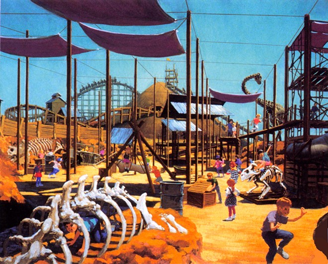 This early concept art for Dinoland shows the proposed wooden coaster in the background. - IMAGE VIA JAMBO EVERYONE