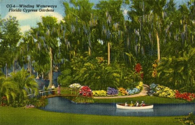 A postcard from 1948 "Winding Waterways - Florida Cypress Gardens" showcasing the boat tour at Cypress Gardens - Image via State Archives of Florida, Florida Memory.
