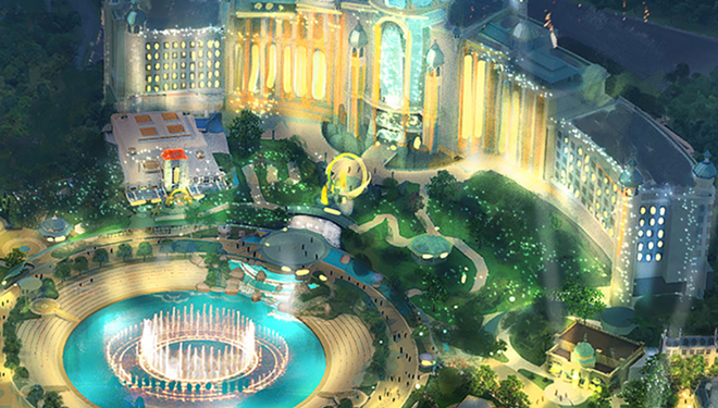 The hotel at Epic Universe. The Wizarding World land entrance can be seen in the lower right. - Image via NBCUniversal