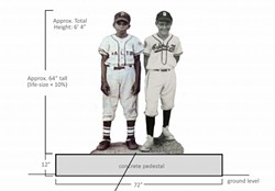 The Barrier Breakers Monument is of two 12-year-old boys, one Black and one white, who played in the first interracial Little Leage baseball game in the South in 1955. - Monument sketch via Edward E. Haddock Jr. Family Foundation