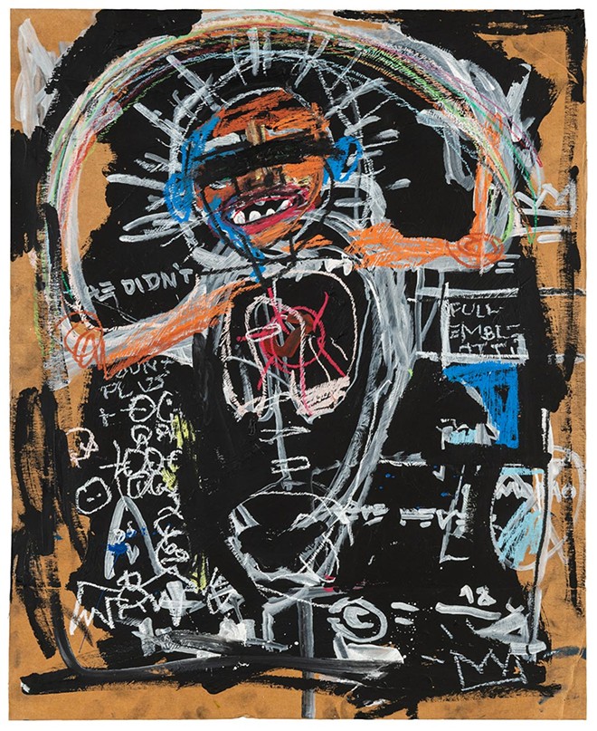 One of the works painted on cardboard shows a message on the back: “Align top of FedEx Shipping Label here.” But the font and ink color were not used by FedEx until after the artist’s death. - OMA IMAGE CREDIT: JEAN-MICHEL BASQUIAT, 