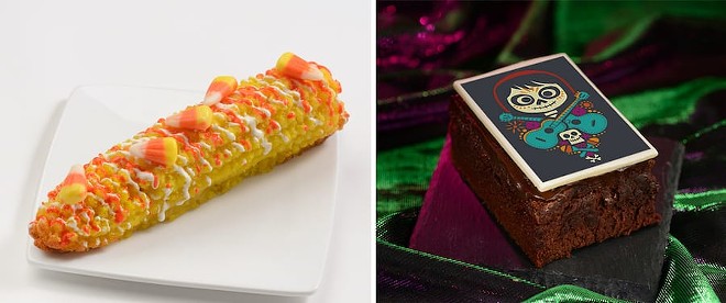 This is a almond cake molded as a corn on a cob with a Coco themed brownie. - Via Walt Disney World