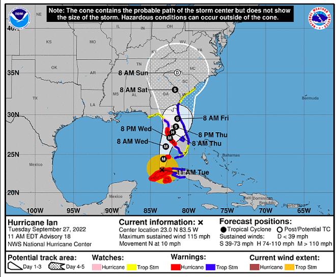 Hurricane Ian's forecasted track shifts slightly south, away from Tampa Bay