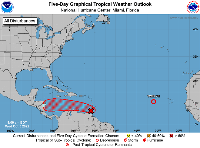 The NHC expects Tropical Depression Twelve to fizzle out over the next three days. - National Hurricane Center