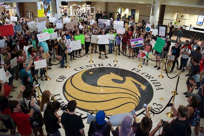 Students at the University of Central Florida in Orlando joined a statewide walkout Feb. 23 in protest of education policies and directives prioritized by Gov. DeSantis. - Photo via Deanna Ferrante