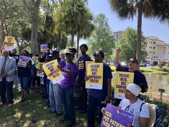 HCA Florida Osceola Hospital employees and community allies rally in support of safe staffing to help protect patient care and safety. - photo by McKenna Schueler